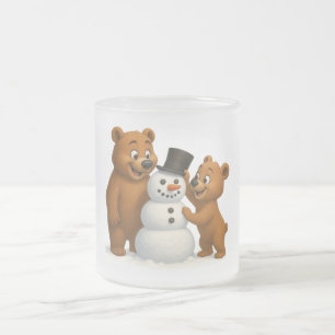 Taza De Cristal Esmerilado osos lindos construyendo un muñeco de nieve