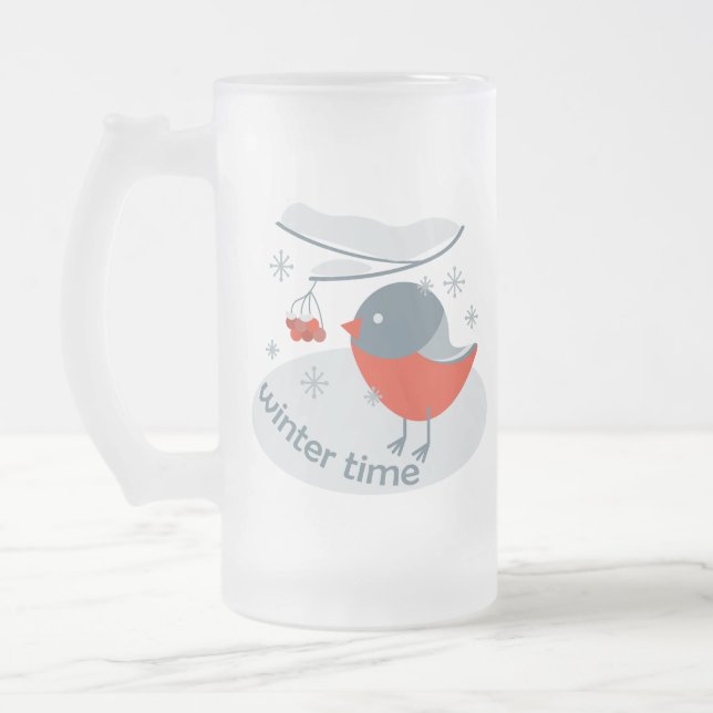 Taza De Cristal Esmerilado Pájaro bullfinch de invierno y bayas rojas (Izquierda)