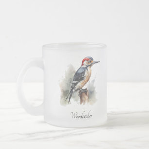 Taza De Cristal Esmerilado pájaro carpintero sentado en un poste de acuarela