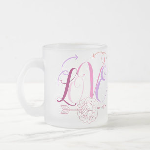 Taza De Cristal Esmerilado Palabra de amor y flores con flecha