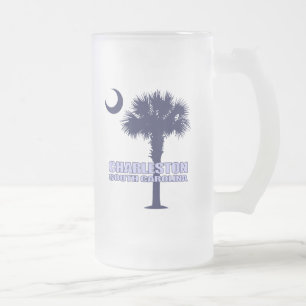 Taza De Cristal Esmerilado Palmetto y creciente (Charleston) del SC