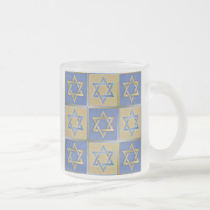 Taza De Cristal Esmerilado Paneles de Arte Estrella de David Azul Dorado