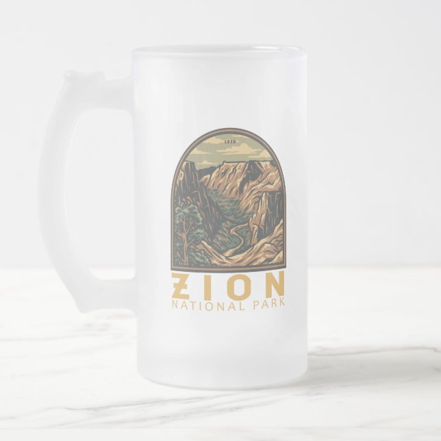Taza De Cristal Esmerilado Parque nacional de Zion Retro Emblem (Izquierda)