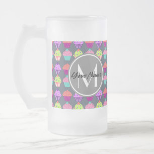 Taza De Cristal Esmerilado Pasteles grises, monograma de nombre personalizado