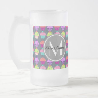 Taza De Cristal Esmerilado Pasteles grises, monograma de nombre personalizado