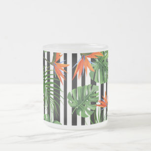 Taza De Cristal Esmerilado Patrón Botánico Rayado de Monstera Tropical