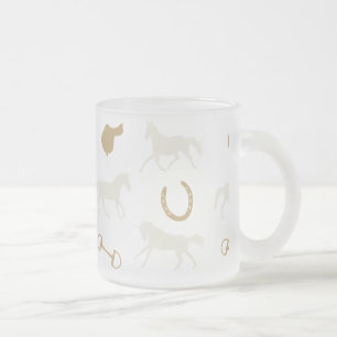 Taza De Cristal Esmerilado Patrón de caballos Gold y Ivory English