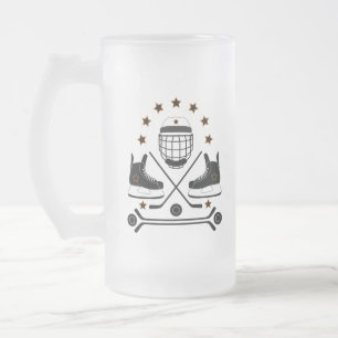 Taza De Cristal Esmerilado Patrón de equipo deportivo de hockey blanco y neg