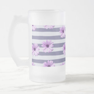 Taza De Cristal Esmerilado patrón de rayas con margaritas moradas
