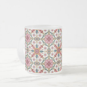 Taza De Cristal Esmerilado Patrón Floral Boho en Rojo, Rosa y Turquesa