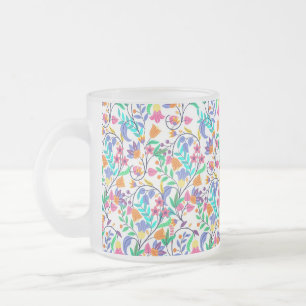 Taza De Cristal Esmerilado Patrón Floral Exótico Colorido