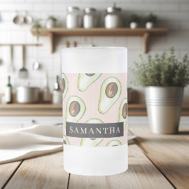 Taza De Cristal Esmerilado Patrón Moderno De Aguacate Rosa Y Verde Con Nombre