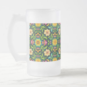 Taza De Cristal Esmerilado Patrón Ornamental Floral en Colores Vibrantes