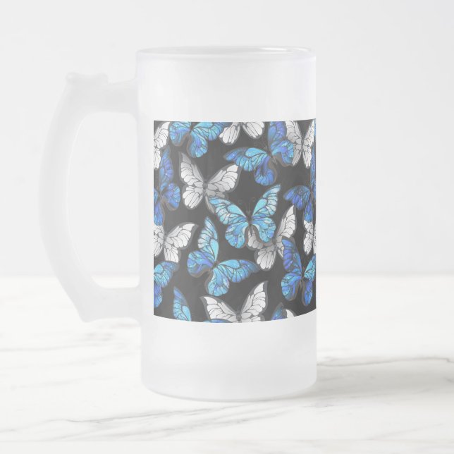 Taza De Cristal Esmerilado Patrón oscuro sin foco con mariposas azules morfo (Izquierda)