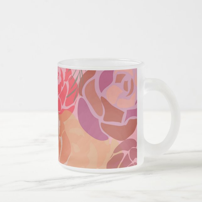 Taza De Cristal Esmerilado Patrón rosa rosa rosa con flores y plantas (Derecha)