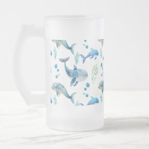 Taza De Cristal Esmerilado Patrón sin foco de ballena azul acuarela