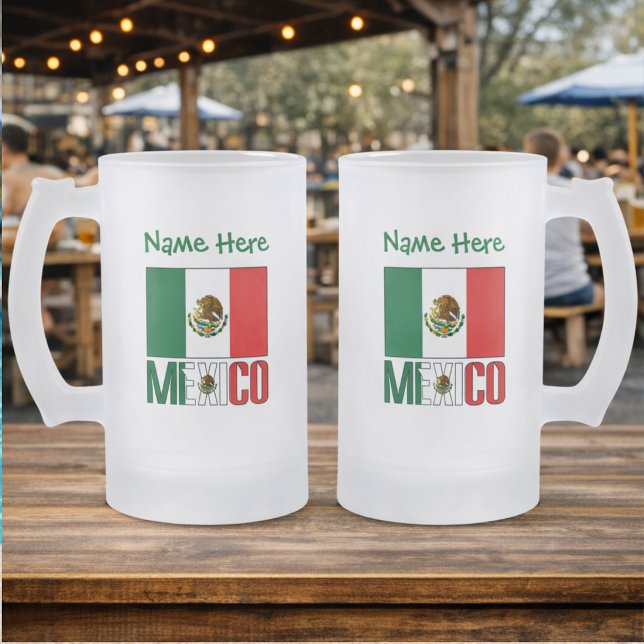 Taza De Cristal Esmerilado Personalización verde de bandera mexicana y de ban (Personalized frosted glass stein with Mexican Flag and MEXICO on both sides. Name above, too.)