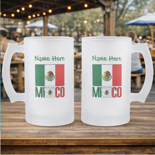 Taza De Cristal Esmerilado Personalización verde de México y la bandera mexic