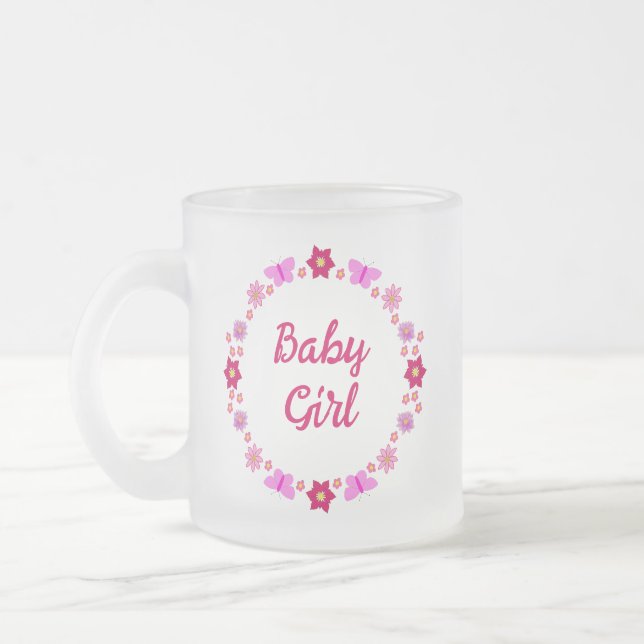Taza De Cristal Esmerilado Personalizado de mariposas y flores para bebé rosa (Izquierda)