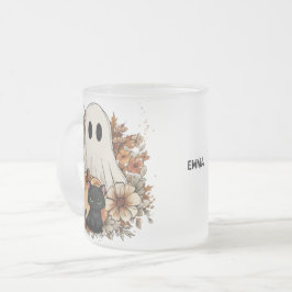 Taza De Cristal Esmerilado Personalized Cute Ghost and Black Cat Autumn Mug
