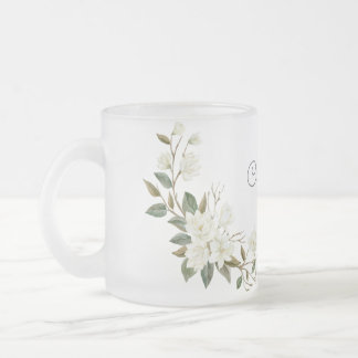 Taza De Cristal Esmerilado Personalized White Floral Mug, Elegant Custom Name