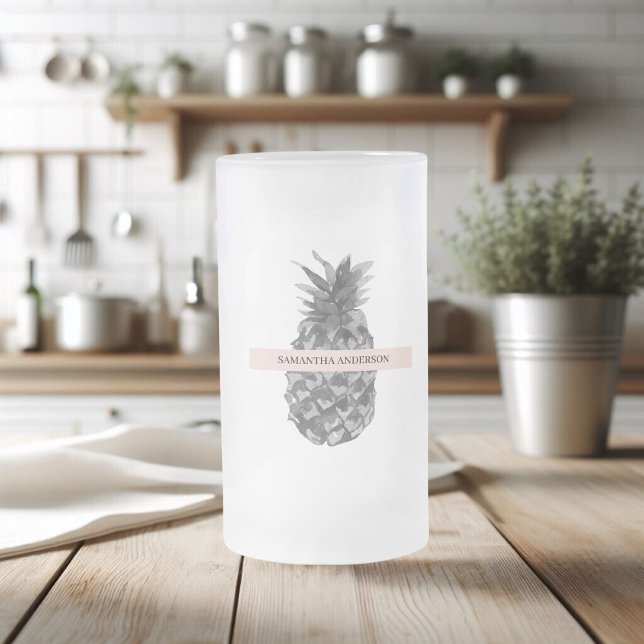 Taza De Cristal Esmerilado Piña rosa y gris acuarela | Su nombre (Subido por el creador)