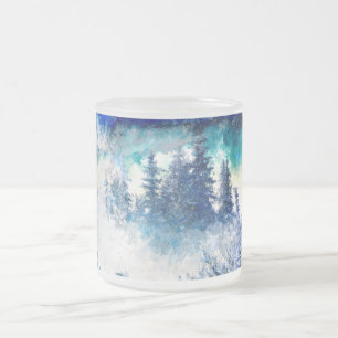 Taza De Cristal Esmerilado Pintura acuarela de un bosque sereno de invierno