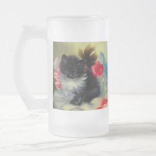 Taza De Cristal Esmerilado Pintura de gatito blanco y negro vintage