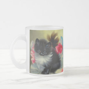 Taza De Cristal Esmerilado Pintura de gatito blanco y negro vintage