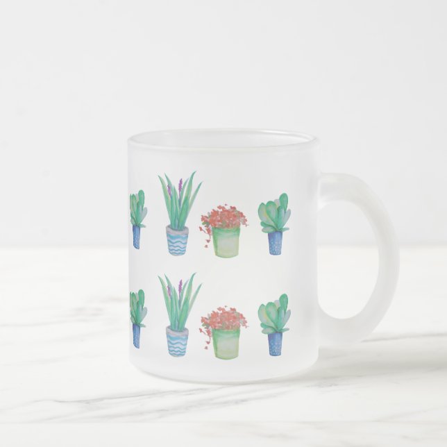 Taza De Cristal Esmerilado Plantas acuarelas y diseño de suculentos (Derecha)