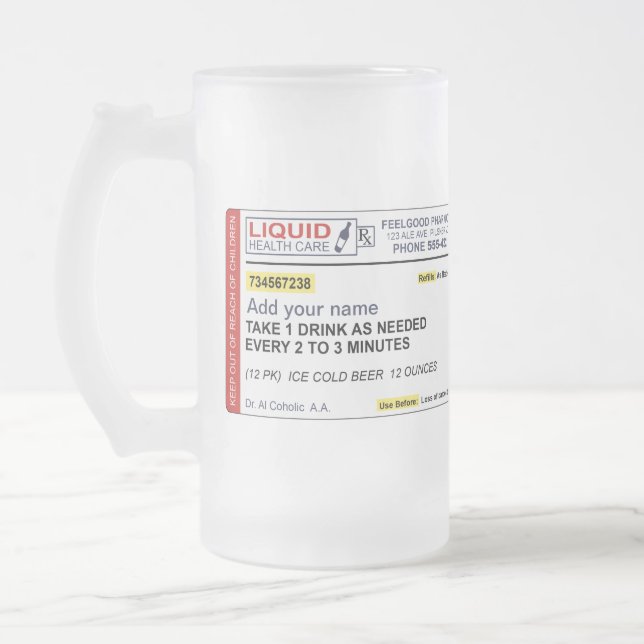 Taza De Cristal Esmerilado Prescripción de la cerveza (añada su nombre) (Izquierda)