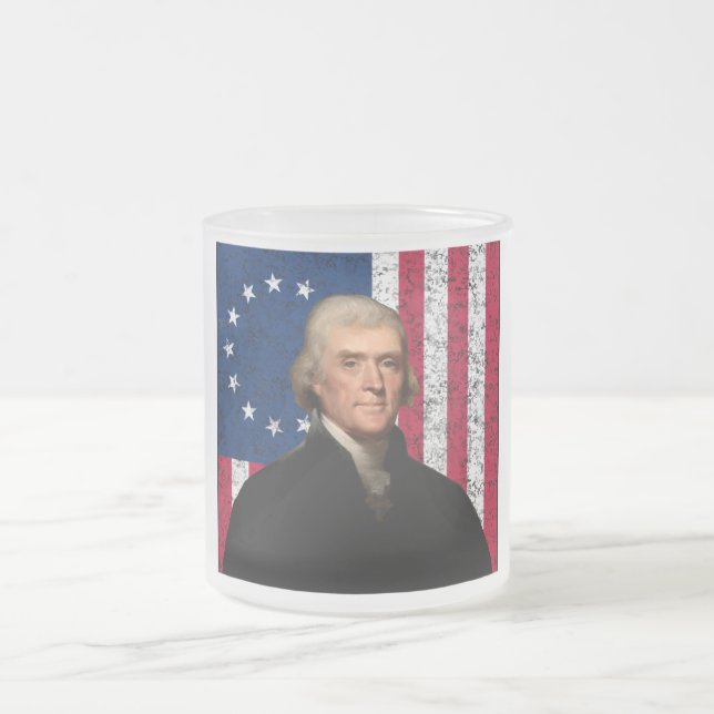 Taza De Cristal Esmerilado Presidente Jefferson y la bandera americana (Centro)