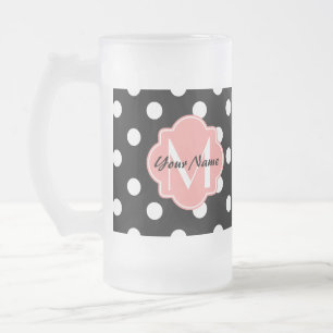 Taza De Cristal Esmerilado Puntos de Polka Negros y Blancos con Monograma Ros