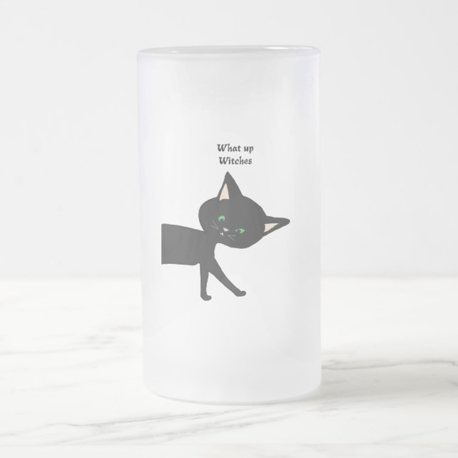 Taza De Cristal Esmerilado ¡Qué Muñecas! Gracioso gato negro con ojos verdes (Centro)