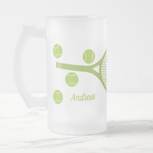 Taza De Cristal Esmerilado Raca de bolas de tenis verde personalizada (Izquierda)