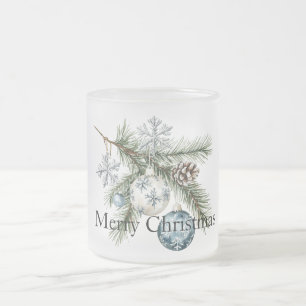 Taza De Cristal Esmerilado Ramas de pino de Navidad Adornos azules blancos