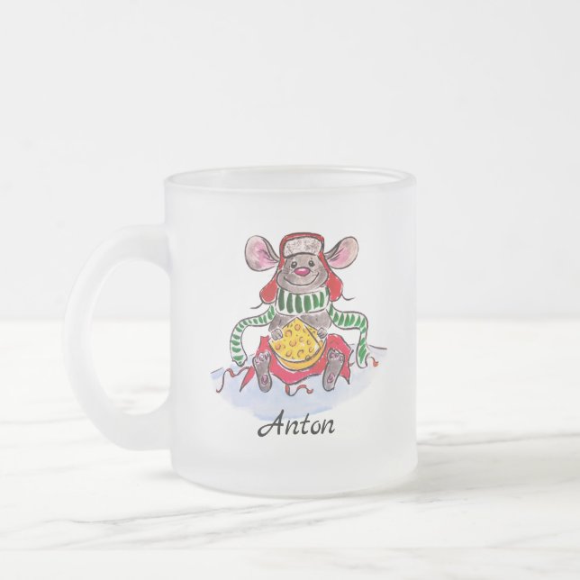 Taza De Cristal Esmerilado Ratón personalizado de queso navideño para Feliz (Izquierda)