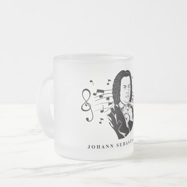 Taza De Cristal Esmerilado Retrato de Johann Sebastian Bach y busto con notas (Anverso izquierdo)