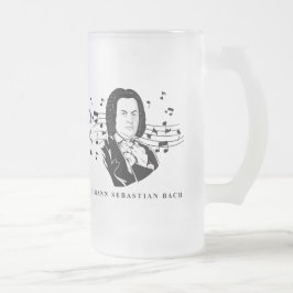 Taza De Cristal Esmerilado Retrato de Johann Sebastian Bach y busto con notas
