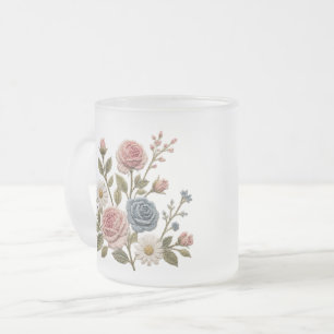 Taza De Cristal Esmerilado Rosas bordadas Blush & Blue