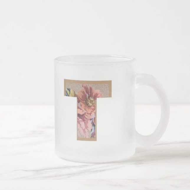 Taza De Cristal Esmerilado Rustic Floral Initial Letter T Monogram (Derecha)