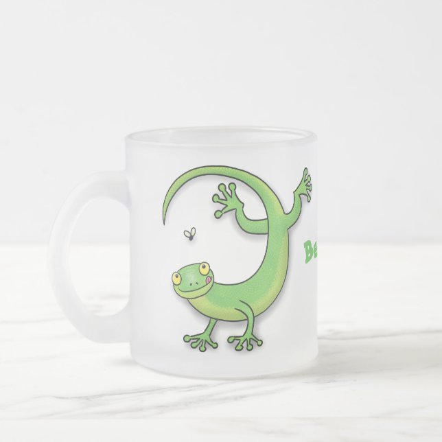 Taza De Cristal Esmerilado Saludos felices de gecko verde lindo con personali (Izquierda)