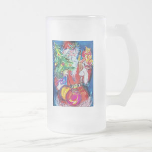 TAZA DE CRISTAL ESMERILADO SANTA CON NAVIDAD Y REGALOS