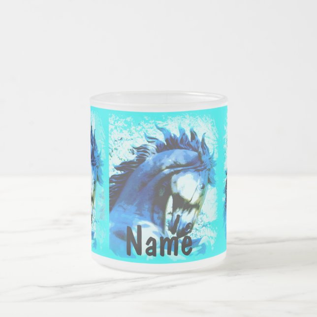 Taza De Cristal Esmerilado semental de mustang azul (Centro)