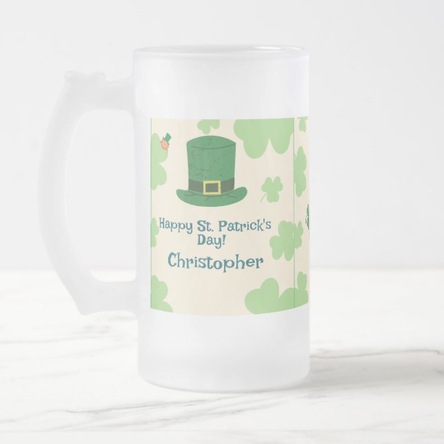 Taza De Cristal Esmerilado Shamrocks, leprechauns & Pot of Gold Frosted Beer  (Izquierda)