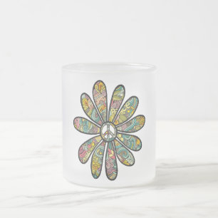 Taza De Cristal Esmerilado Signo de paz de la paz del poder de las flores tri
