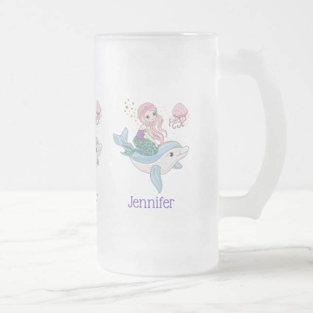 Taza De Cristal Esmerilado Sirenita descubierta con delfín bajo el mar (Derecha)