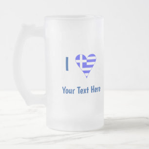 Taza De Cristal Esmerilado Te (Corazón de Bandera Griega) Tu Texto