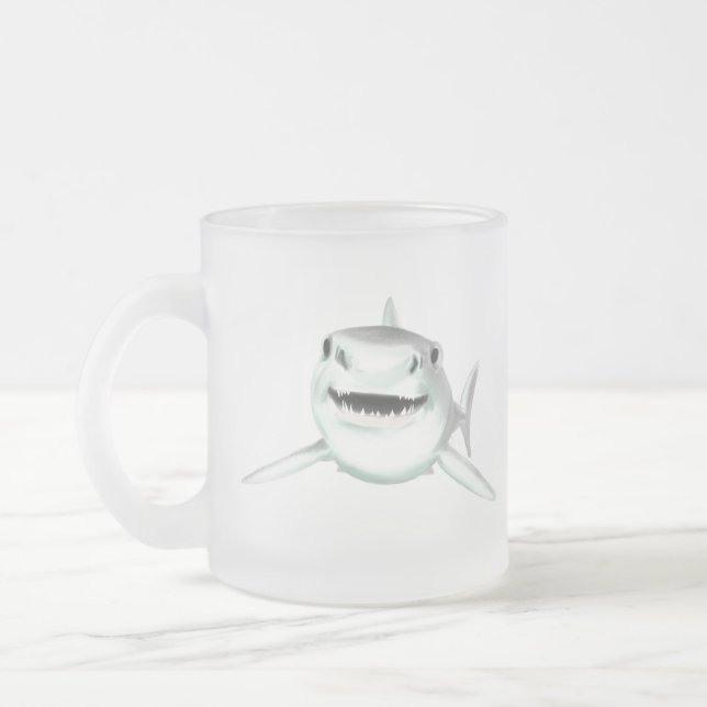 Taza De Cristal Esmerilado tiburón acuarela sonriente verde animal marino (Izquierda)
