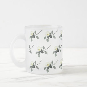 Taza De Cristal Esmerilado Tinta blanca camellia sumi y acuarela japonesa